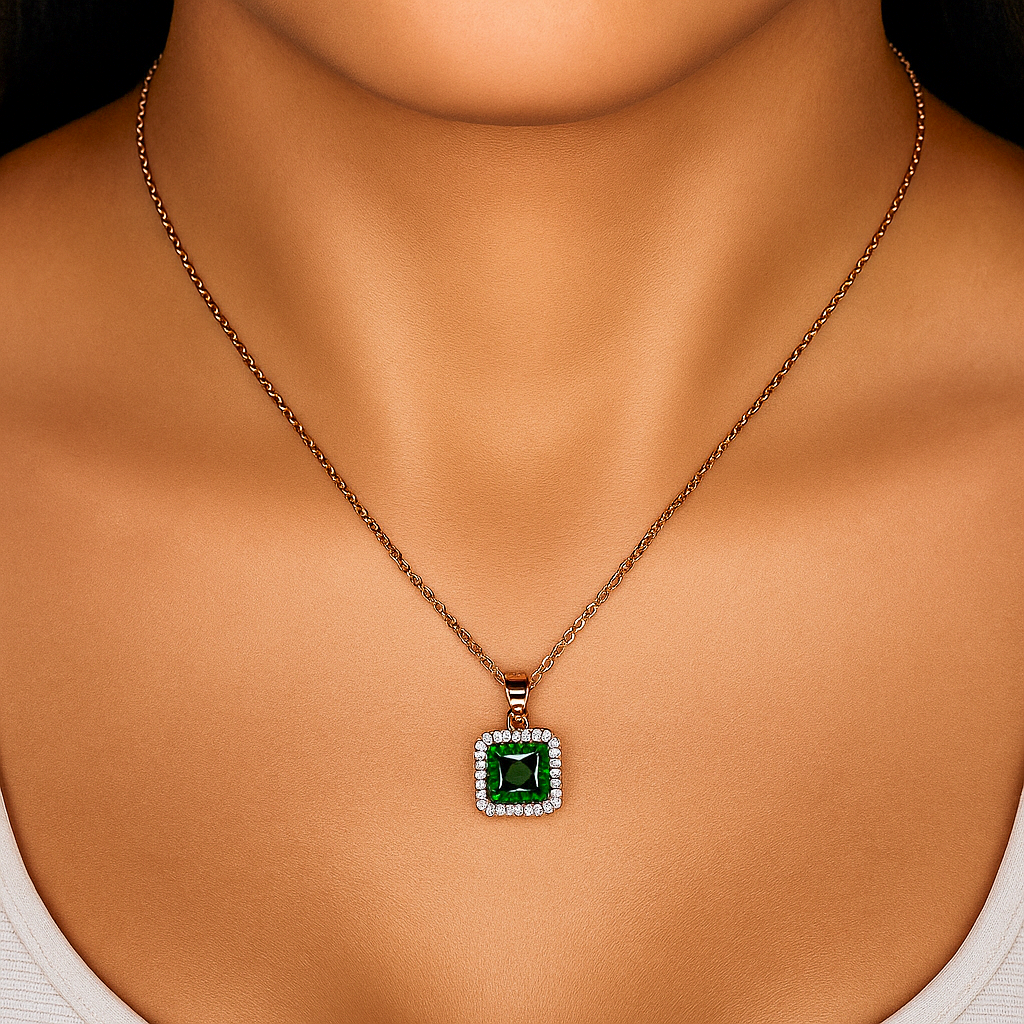 Green Square Crystal Pendant Rose Gold Necklace For Women