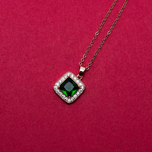 Green Square Crystal Pendant Rose Gold Necklace For Women