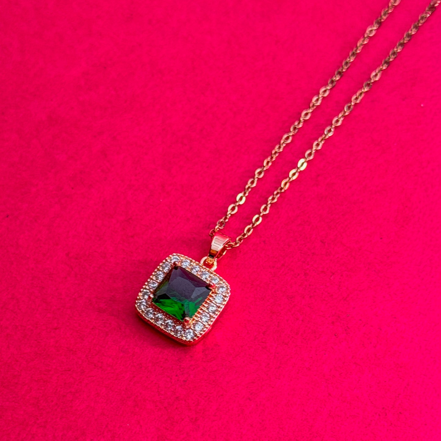 Green Square Crystal Pendant Rose Gold Necklace For Women
