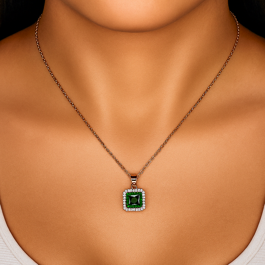 Green Square Crystal Pendant Rose Gold Necklace For Women
